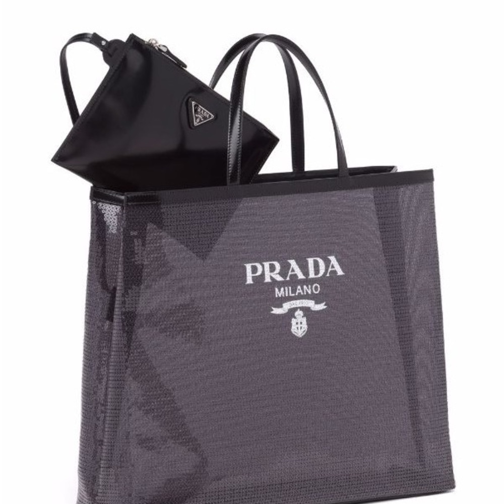 Prada Sequinned Logo Print Mesh Tote Bag NWT